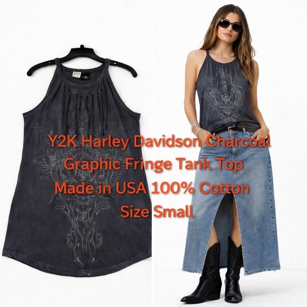 Harley Davidson Charcoal Graphic Fringe Tank Top Y2K Made in USA Cotton Small